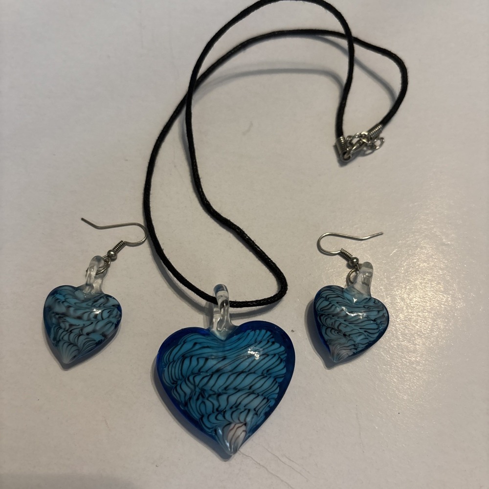 Blue Swirl Glass Heart Pendant Necklace on Leather Cord & Earrings Murano Style